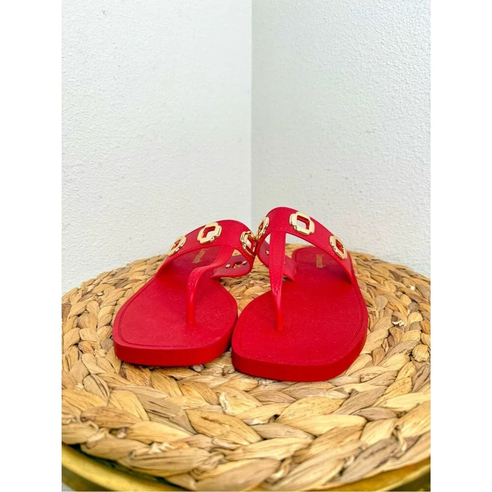 NWT Larroude’ Milan Jelly Grommet Thong Red Sandal Gold Buckle Logo Nordstrom